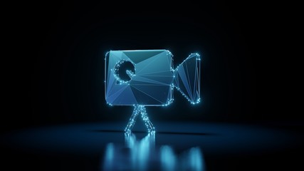 3d rendering wireframe neon glowing symbol of video camera  on black background with reflection
