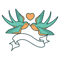 tattoo with banner of a swallows and a heart
