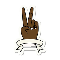peace two finger hand gesture with banner sticker