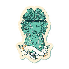 half orc barbarian character with natural twenty dice roll illustration