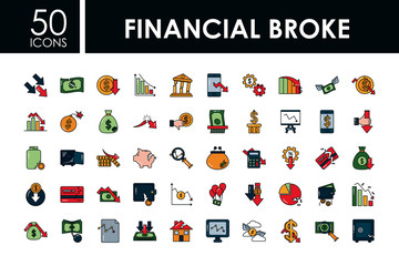 financial broke icon set, line and fill style