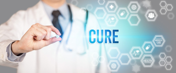 Close-up of a doctor giving you a pill with CURE inscription, medical concept