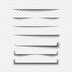 Set of realistic shadow effect on a transparent background, page separation vectors