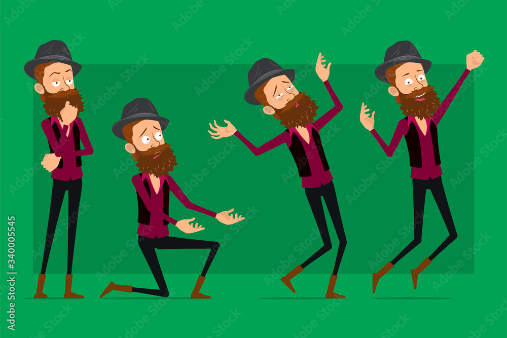 Wall mural cartoon flat funny cute hipster bearded boy character in black hat. ready for animations. man thinki