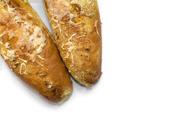 bread baguette loaf fresh cheese isolate on a white background bun flour flour malt bran wheat corn sunflower seeds baked cereals food crunch