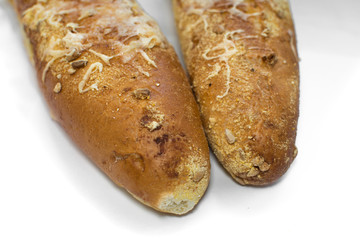 bread baguette loaf fresh cheese isolate on a white background bun flour flour malt bran wheat corn sunflower seeds baked cereals food crunch