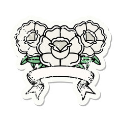 grunge sticker with banner of a bouquet of flowers