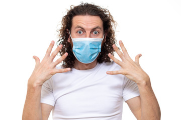 Man in medical mask. Pandemic coronavirus epidemic covid-19 quarantine isolated white
