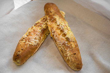 bread baguette loaf fresh cheese France bun flour flour malt bran wheat corn sunflower seeds baked cereals food crunch
