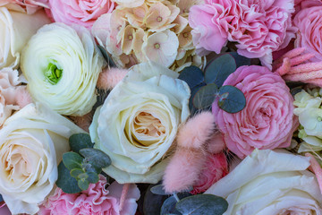 Beautiful nature flower backgrounds. Pastel and soft bouquet floral card. Festive background. Birthday, Mother’s day, Woman’s day. Wedding Flowers. .