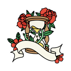 tattoo with banner of an hour glass and flowers