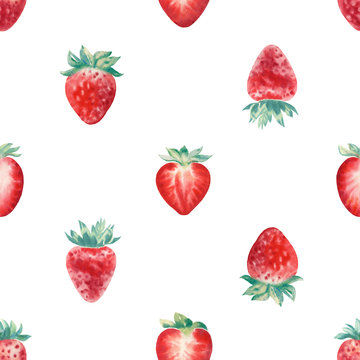 Hand painted watercolor seamless pattern with strawberries on white background. Perfect for wrappers, wallpapers, textile, postcards, greetings, wedding invitations, romantic events.