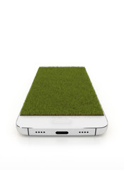 White smartphone with grass covered screen. Mobile phone isolated on a white background with copy space. Realistic grass grows on display. Creative conceptual illustration. 3D rendering.