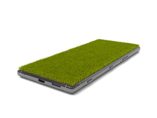 Smartphone with grass covered screen. Mobile phone isolated on a white background with copy space. Realistic grass grows on display. Creative conceptual illustration. 3D rendering.
