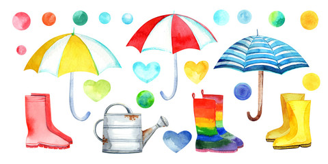 Umbrellas, rain boots, colorful confettis  Clipart  Stock
 illustration. Hand painted in watercolor.