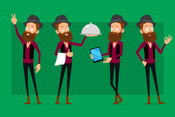 Cartoon flat funny hipster bearded boy character in black hat. Ready for animations. Waiter with tray and smart tablet showing ok and peace sign. Isolated on green background. Big vector icon set.