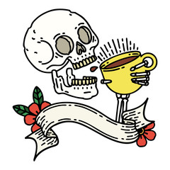 tattoo with banner of a skull drinking coffee