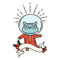 banner with tattoo style cat in astronaut suit