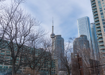 Downtown Toronto day time exterior skyline view of lake ontario waterfront highrise buildings with CN Tower in background against clear winter blue sky