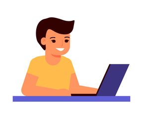 Fototapeta na wymiar Pupil boy is sitting on laptop and studying lesson. Child learns remotely. Home school, web e-learning, online education, knowledge concept. Vector flat style illustration
