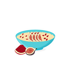 Oatmeal in blue bowl with fig slices and pomegranate fruit grains, isolated on white background. Healthy natural breakfast. Vector flat illustration.