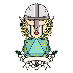crying elf fighter character face with natural one D20 roll illustration