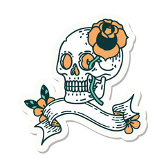 tattoo sticker with banner of a skull and rose