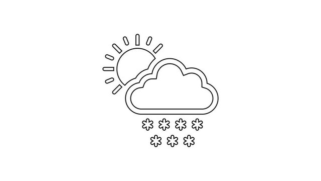 Black line Cloud with snow and sun icon isolated on white background. Cloud with snowflakes. Single weather icon. Snowing sign. 4K Video motion graphic animation