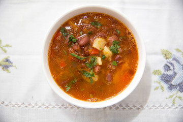 Traditional Azerbaijani Red bean soup . A bowl of homemade red bean soup . Red bean soup .