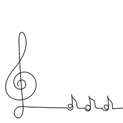Hand-drawn musical concept. Poster of a musical concert or festival. Continuous drawing of a single line, a vector design template in a linear style. Abstract hand. Treble clef and notes