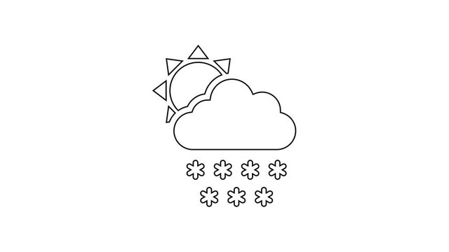 Black line Cloud with snow and sun icon isolated on white background. Cloud with snowflakes. Single weather icon. Snowing sign. 4K Video motion graphic animation