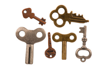 Closeup on a set of old keys, isolated on white background. Cut out.