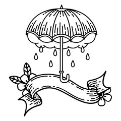 black linework tattoo with banner of an umbrella and storm cloud