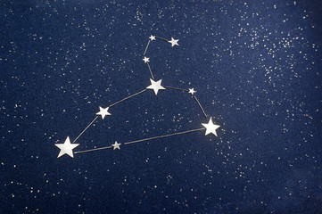 Obraz na płótnie Canvas Zodiac sign Leo on the starry sky close up. Application from star confetti and glitter black cardboard. Horoscope Concept.