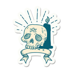 sticker of tattoo style spooky skull and candle