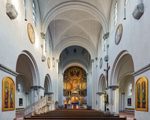 Interior of parish church of St Anna in the Lehel district of Munich, Germany. The church was built in 1887-1892 by design of Gabriel von Seidl. The apse fresco was created in 1898 by Rudolf von Seitz