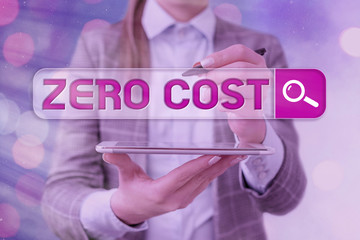 Text sign showing Zero Cost. Business photo text business decision that does not entail any expense...