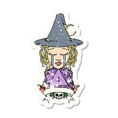 crying elf mage character with natural one dice roll grunge sticker