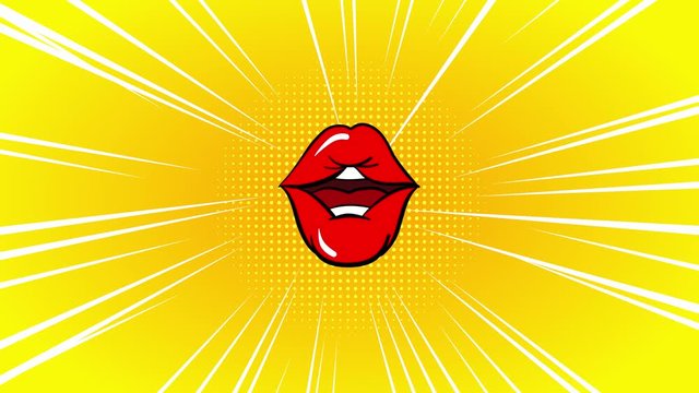 Hand drawing animation animated lips kiss. Cartoon looping animation in pop art style. 4k.