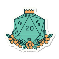 natural 20 D20 dice roll with floral elements sticker