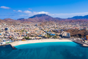 Aerial view of Laginha beach in Mindelo city in Sao Vicente Island in Cape Verde