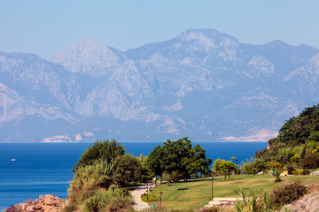View of the Taurus Mountains across the Mediterranean Sea from Antalya