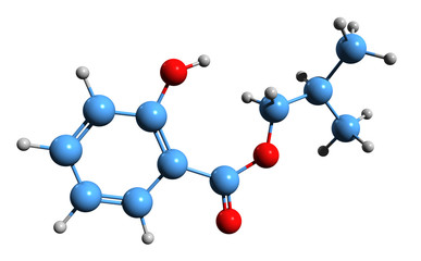3D image of Isobutyl salicylate skeletal formula - molecular chemical structure of Isobutyl 2-hydroxybenzoate isolated on white background
