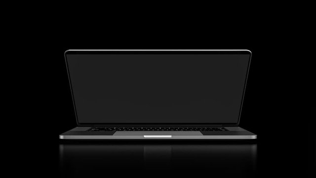 Laptop with blank screen isolated on black background. Whole in focus. 4K 