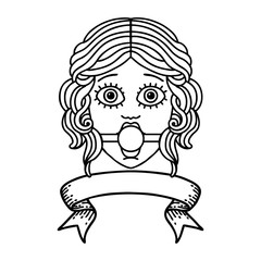 black linework tattoo with banner of female face with ball gag