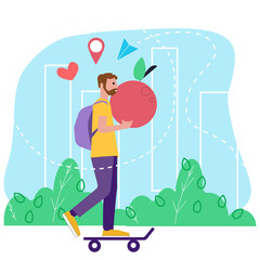 Food delivery. Delivery man riding courier riding a skateboard delivers food on the city. Vector illustration in flat style. Can used for banner, website design, landing web page, social media