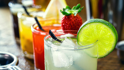 Brazilian drink known as caipirinha, made from cachaça with fruits. Watermelon, strawberry, lemon, peach and plum flavors