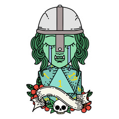 crying orc fighter character face with natural one D20 roll illustration