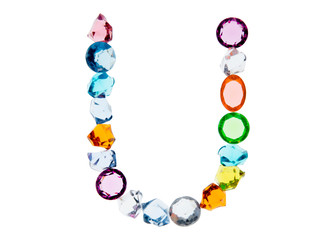 宝石で作ったアルファベット　U　白背景