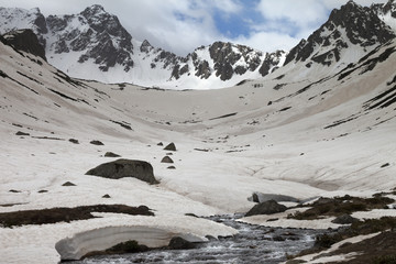 River with snow bridges in high snowy mountains at spring evening